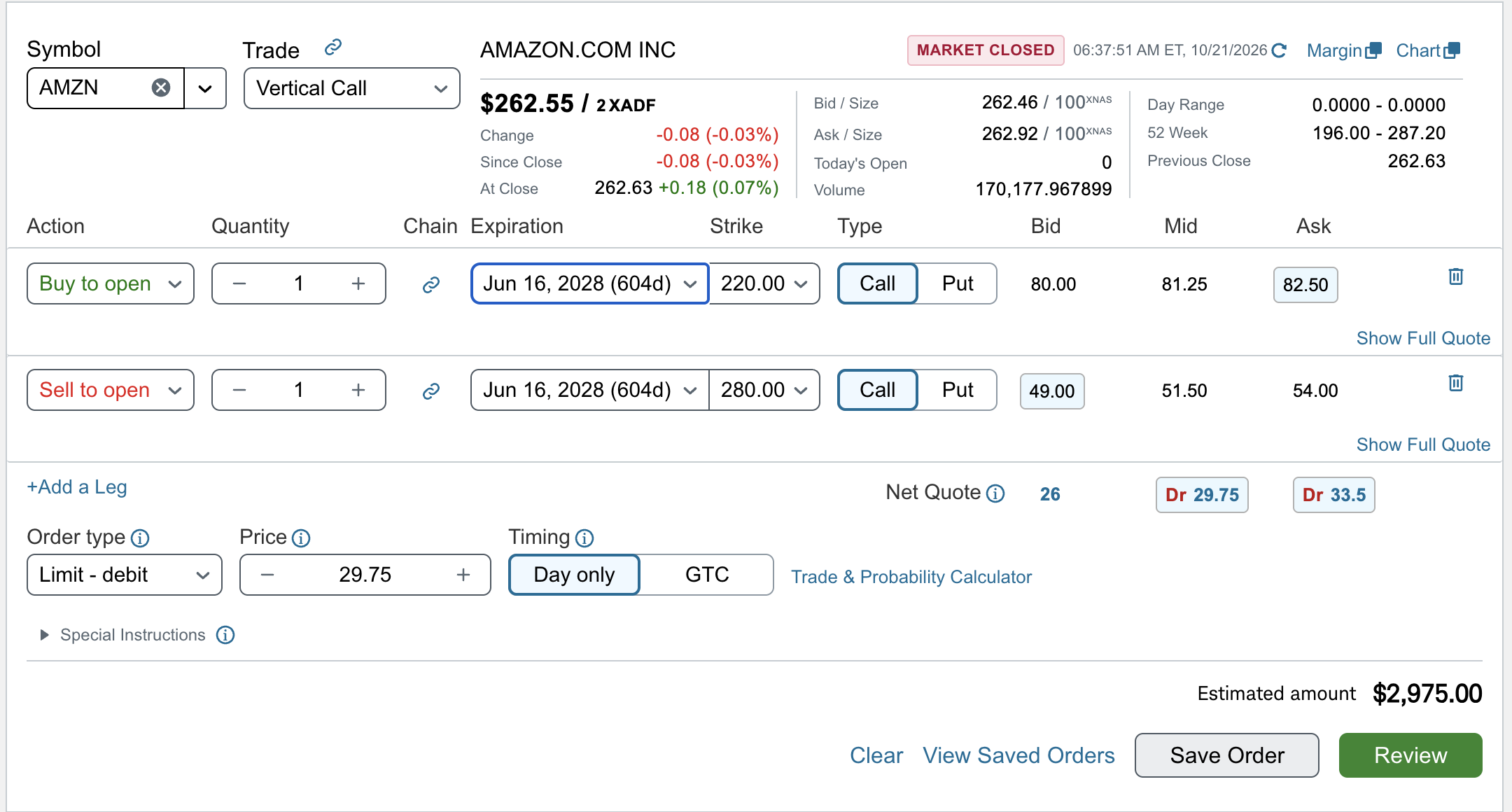 Amazon June 2028 220/280 call debit spread trade ticket in Brandon's Schwab account